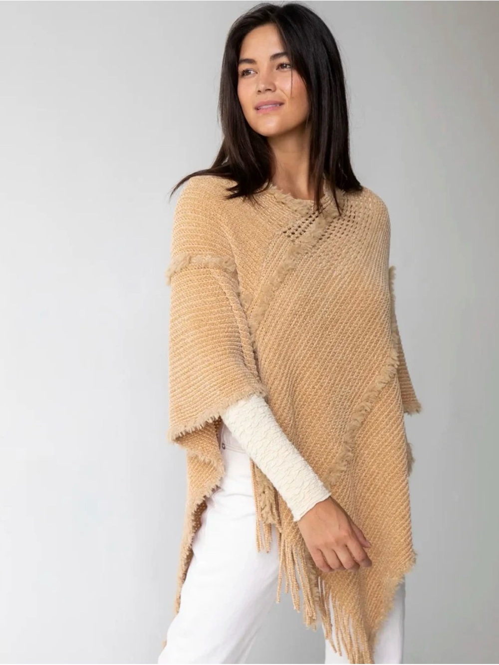 NATURAL LIFE Fringe Trim Knit Poncho - Camel